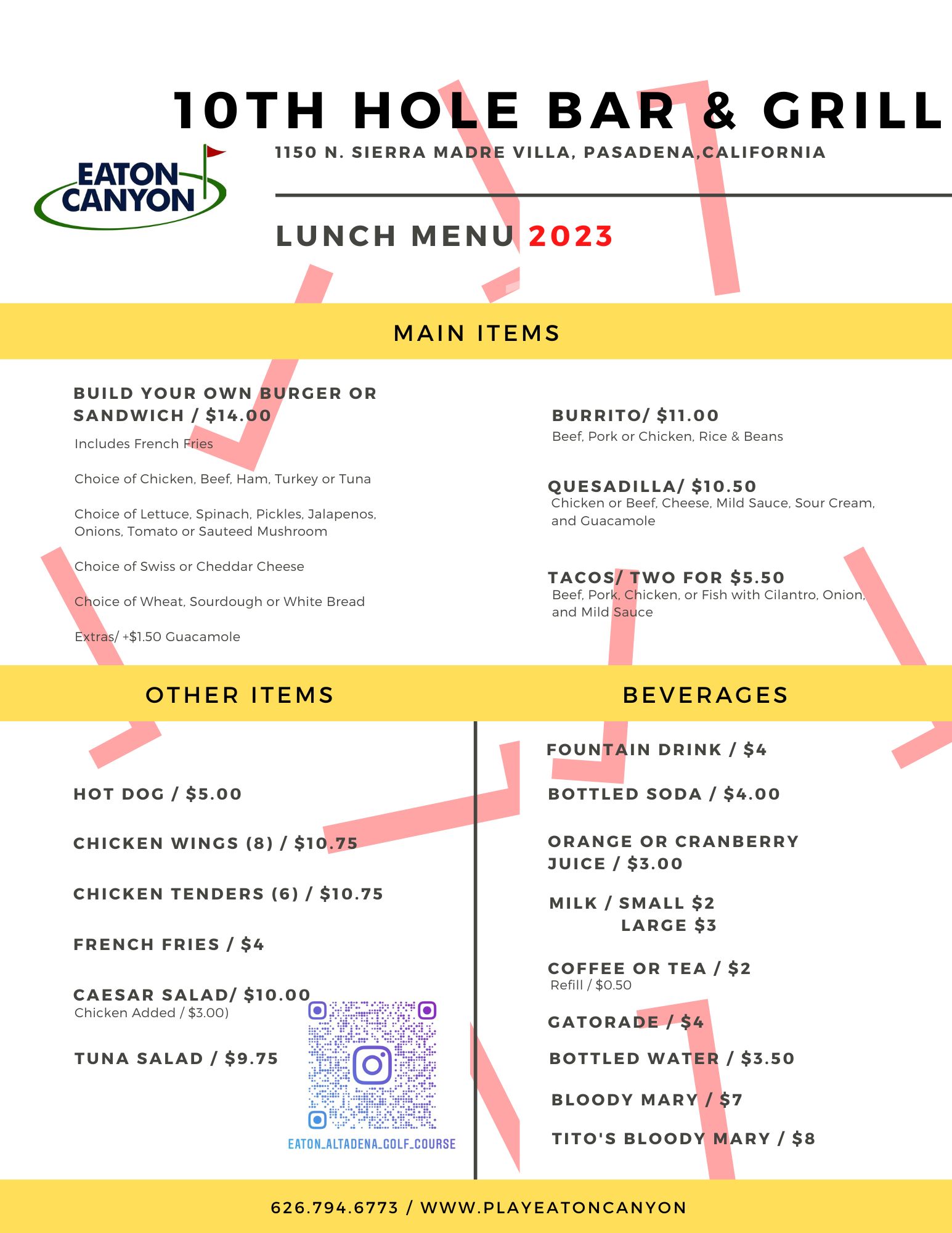 Eaton Canyon Lunch Menu 2023